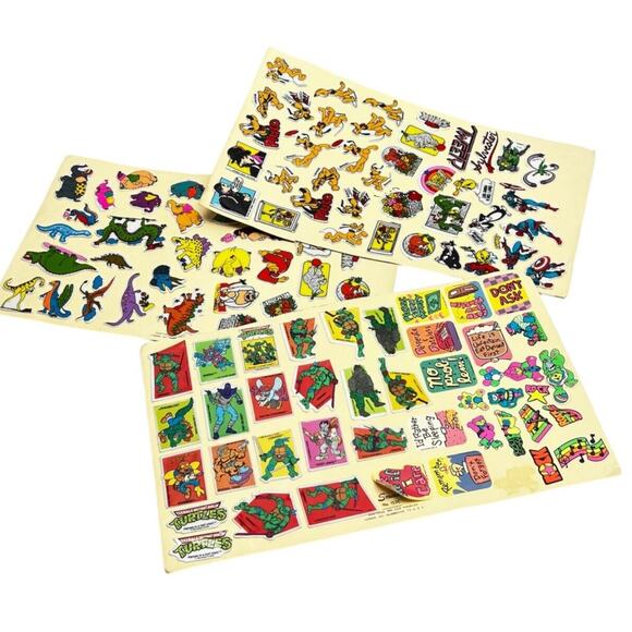Vintage Puffy Stickers Sheet Lot of 3 Dinosaur Ninja Turtles Goofy Pluto Marvels - Picture 1 of 13